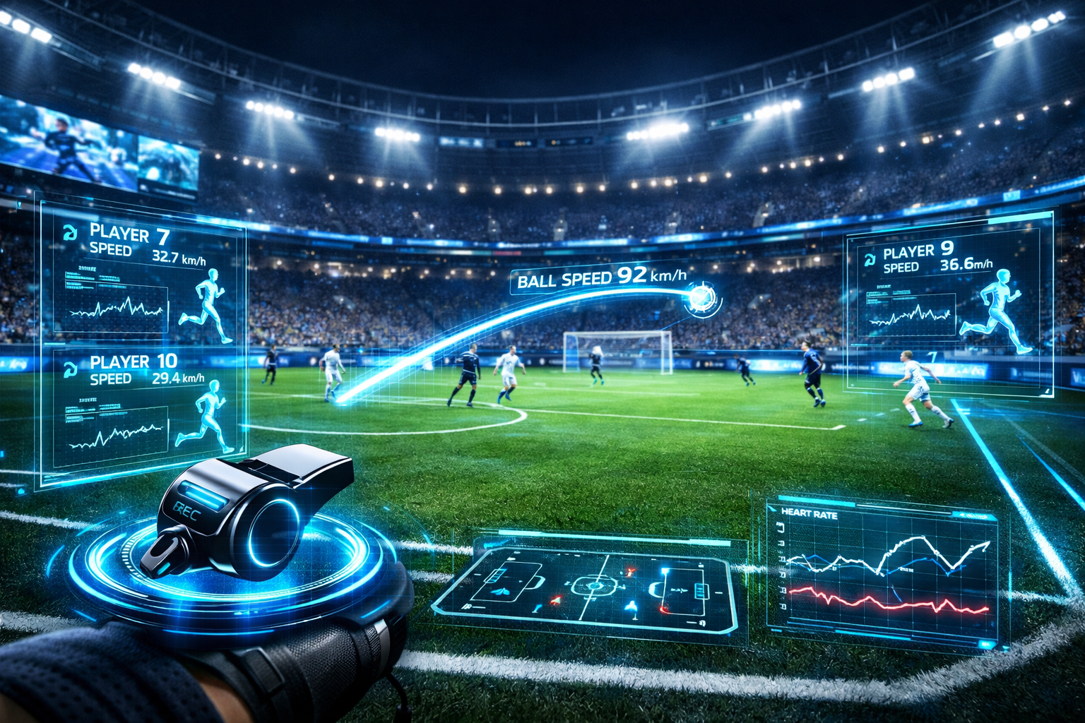 AI Referees in 2026 technology used in a professional football stadium.