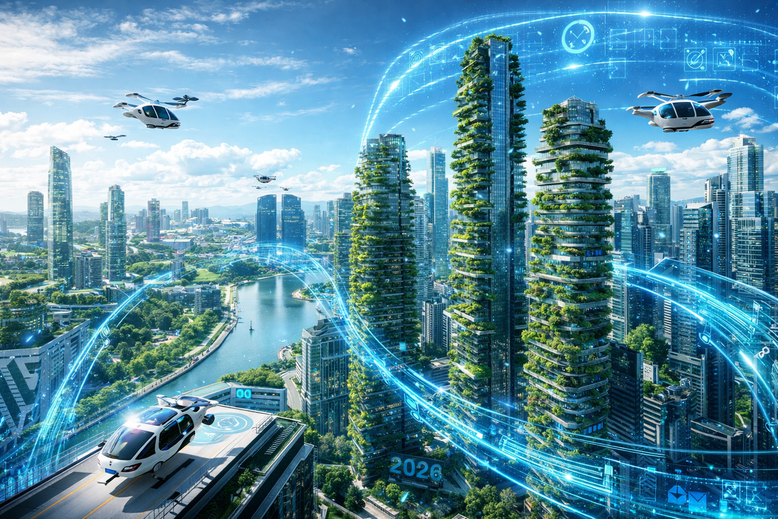 A vision of AI Smart Cities 2026 showing sustainable urban development and high-tech infrastructure.