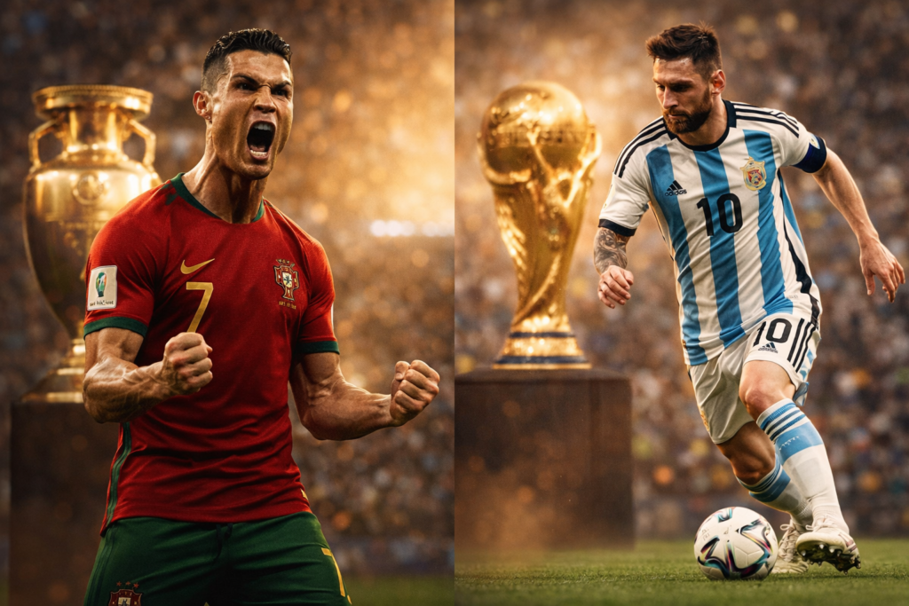 FIFA World Cup 2026 trophy and football legends prediction.