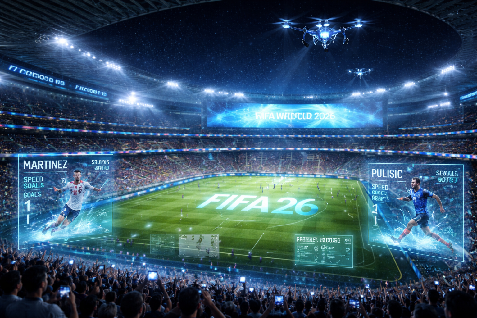 FIFA World Cup 2026 Tech and futuristic stadium atmosphere.
