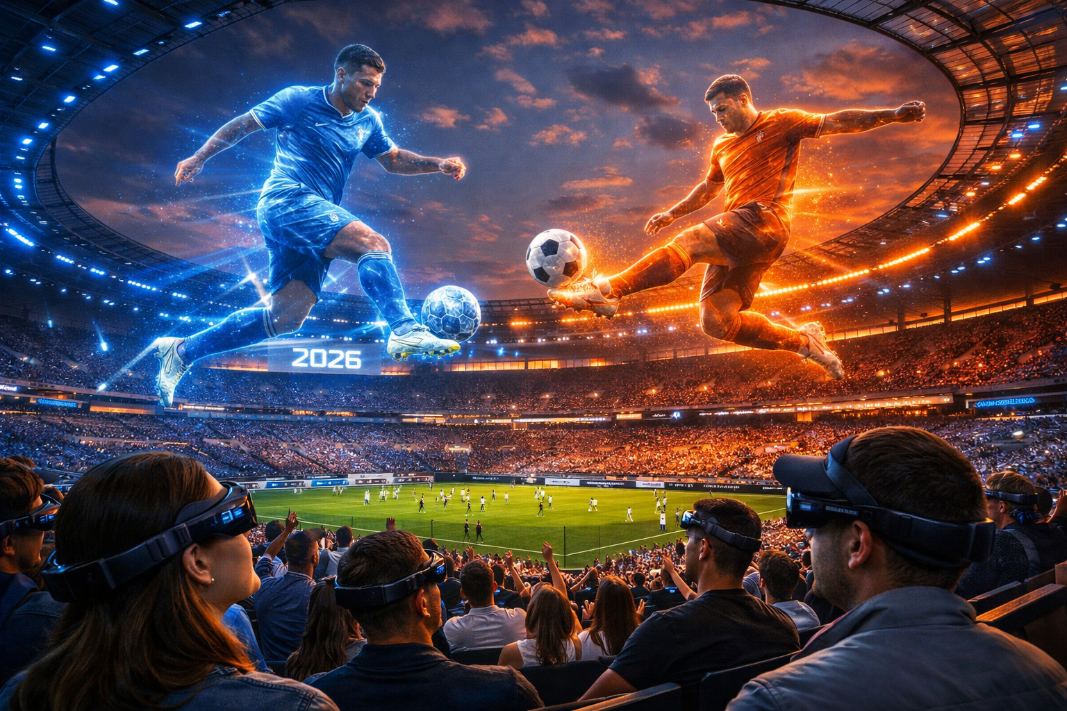 Future of Global Sport News 2026 with holographic stadiums and AI tech.