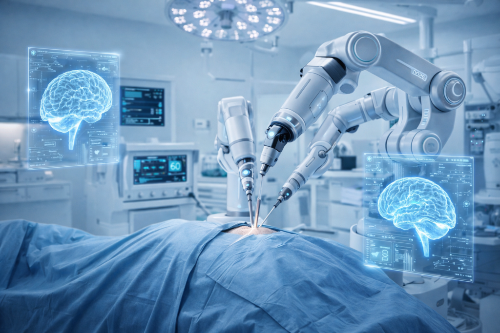 The surgical robot installing the Neuralink Brain Chip 2026 safely and precisely.