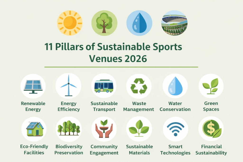 Infographic showing the key features of Sustainable Sports Venues 2026.
