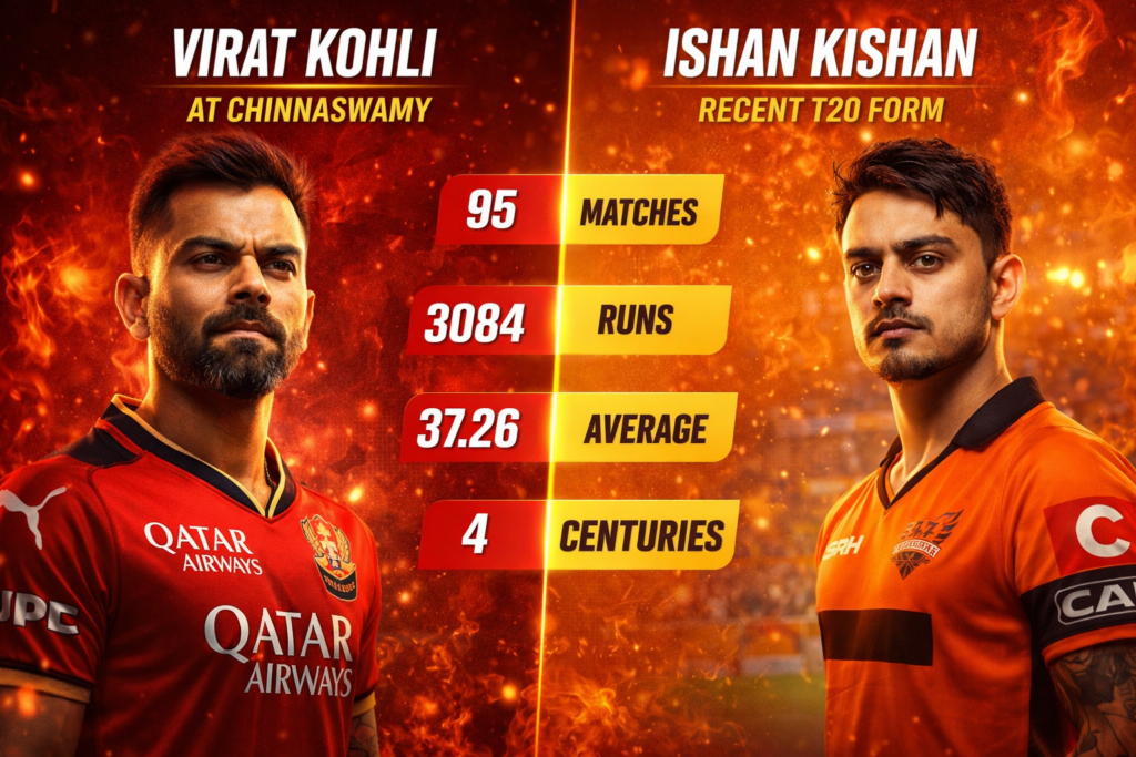Virat Kohli vs Ishan Kishan stats for RCB vs SRH IPL 2026 match prediction.