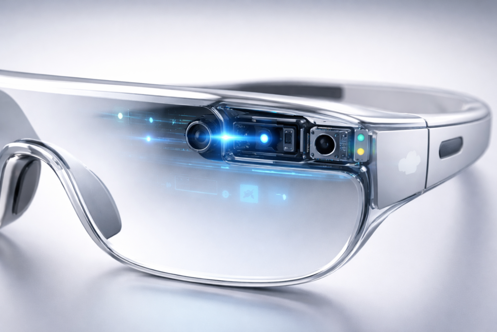 Detailed hardware of Apple Glass 2026 features.