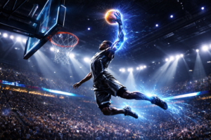 A high-tech augmented basketball player in the BSSL Super League.