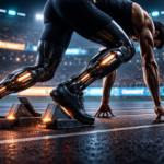 An augmented athlete with carbon-nano prosthetics preparing for a Bio-Synthetic Super League race.
