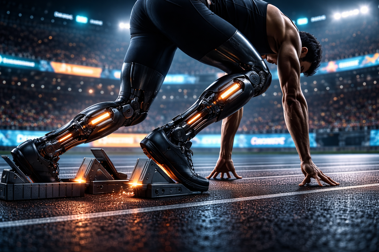 An augmented athlete with carbon-nano prosthetics preparing for a Bio-Synthetic Super League race.